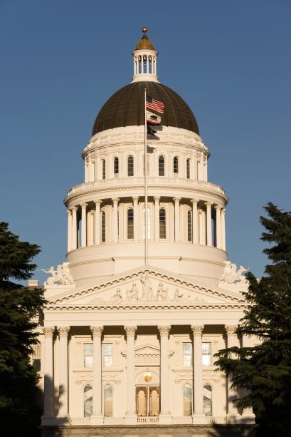 The flags fly in front of Sacramento's Capital Building